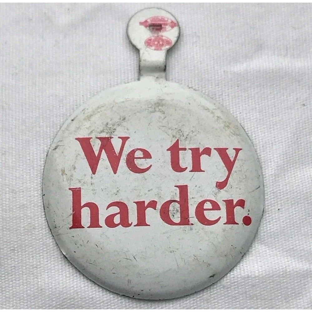 We Try Harder Vintage Pin Button Fold Over AVIS Rent A Car